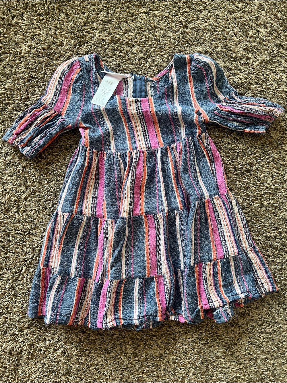 Bonnie Jean Pink, Coral & Navy Striped Denim-Look Dress